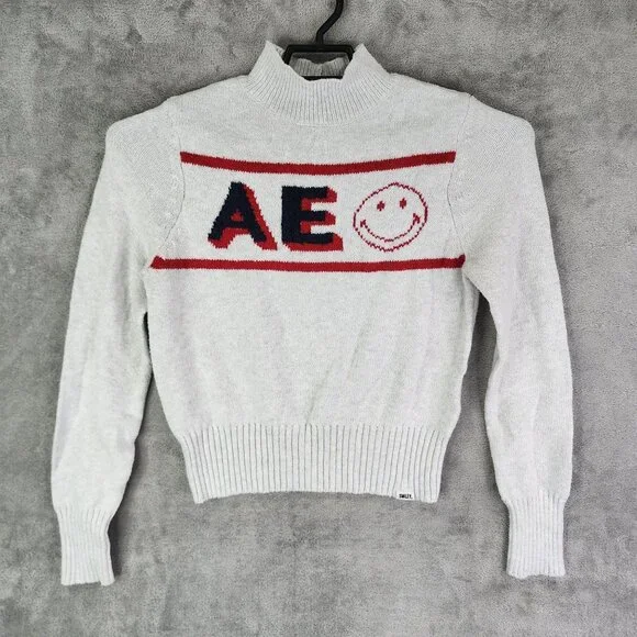 Womens White Red American Eagle Knit Sweater Retro Mock Neck Long Sleeve Size M - Picture 2 of 12